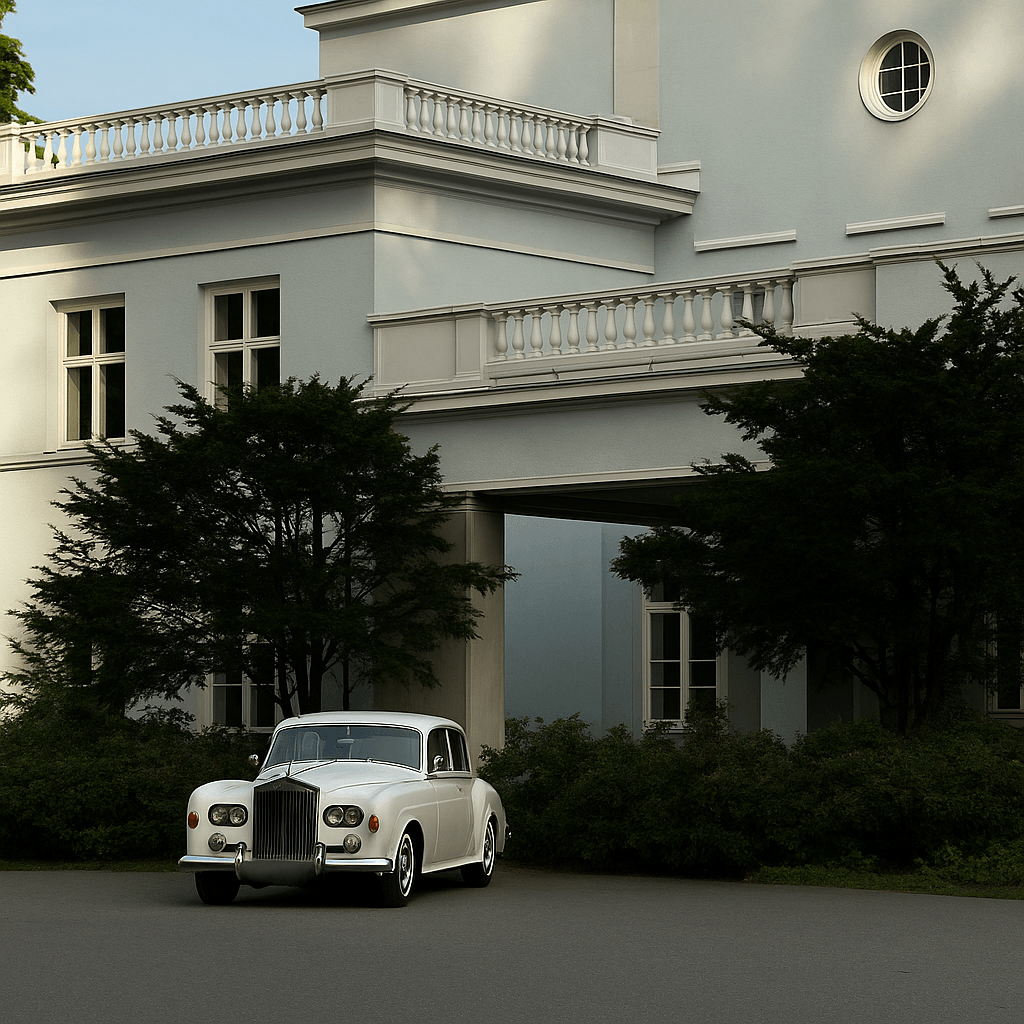Classic luxury car parked outside an opulent villa with grand columns and ornate design, reflecting timeless elegance and premium chauffeur-driven service.