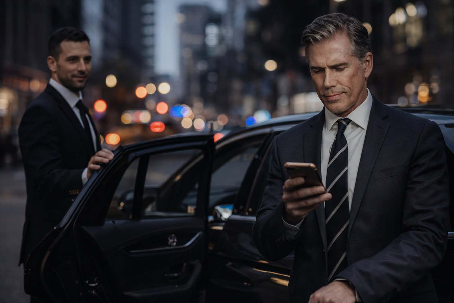 Portrait of a confident businessman in a tailored suit, set against a city backdrop, showcasing executive leadership and a modern urban lifestyle.