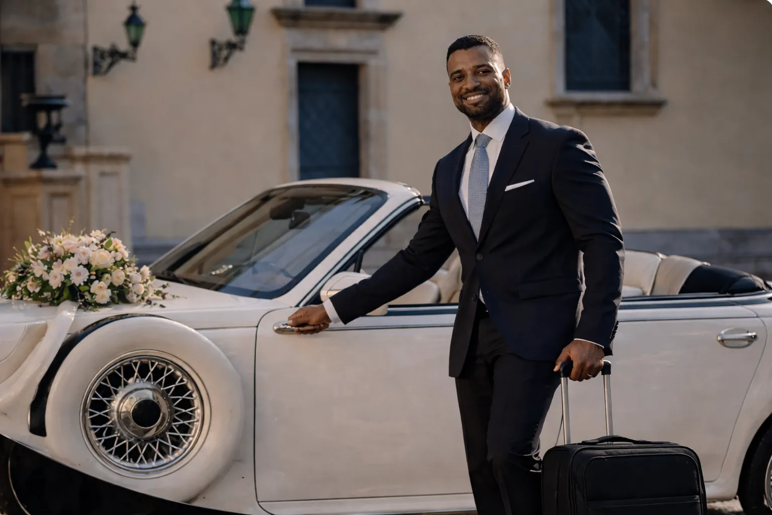 Wedding couple posing before a ProRido luxury wedding car; timeless, elegant arrival with chauffeurbook premium wedding transfers today.