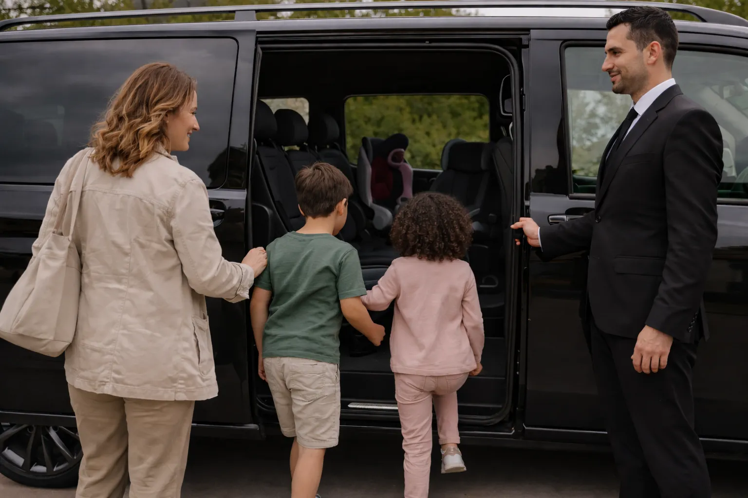 Mercedes V Class black luxury van with professional chauffeur, ideal for executive travel, airport transfers, and premium group transportation.