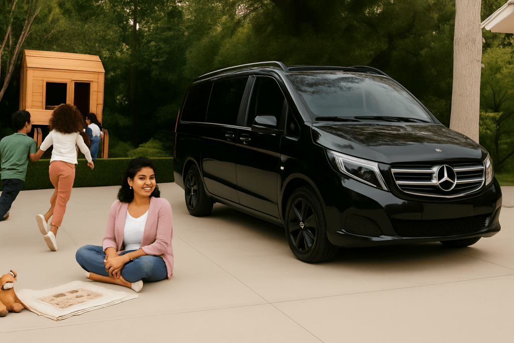 Black Mercedes V Class luxury van parked outside a house, with children and their mom playing nearbyideal for premium family travel and group journeys.