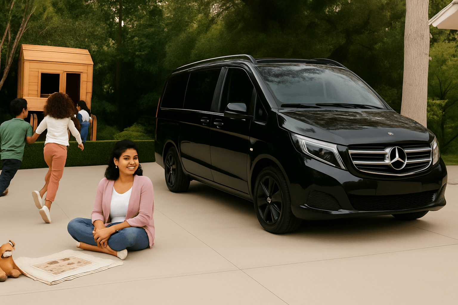 Black Mercedes V Class luxury van parked outside a house, with children and their mom playing nearbyideal for premium family travel and group journeys.
