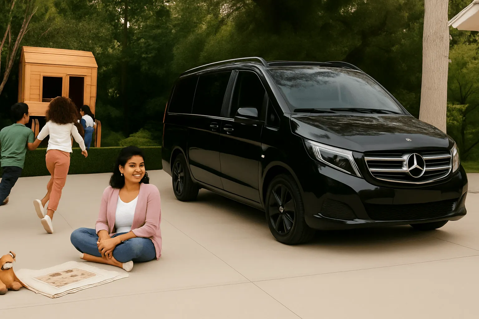 Black Mercedes V Class luxury van parked outside a house, with children and their mom playing nearbyideal for premium family travel and group journeys.