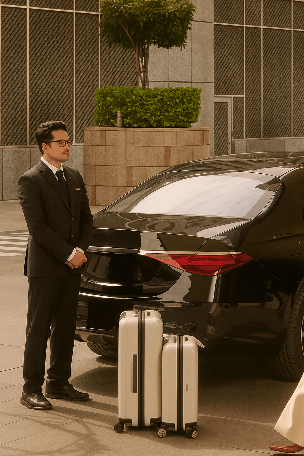 Chauffeur with a black luxury car, offering professional executive service for business travel, airport transfers, and premium rides.