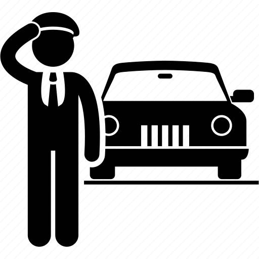Home 134 Chauffeur with car icon symbolizing premium chauffeur-driven services, corporate travel, and executive transportation solutions.