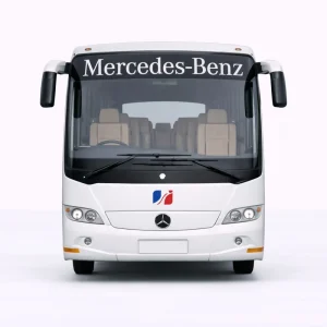 Mercedes-Benz coach bus front view showing the large windshield, front grille, and headlights., Coach 21S,Coach 40 Seater,Sleeper Coach 33 Seater