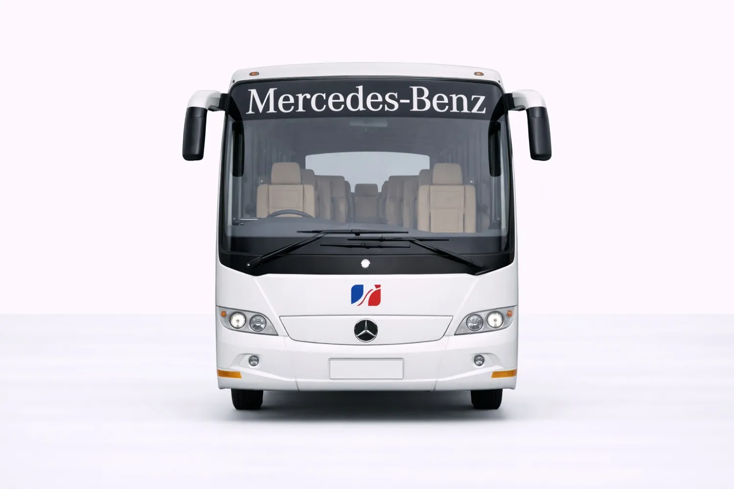 Mercedes-Benz coach bus front view showing the large windshield, front grille, and headlights., Coach 21S,Coach 40 Seater,Sleeper Coach 33 Seater