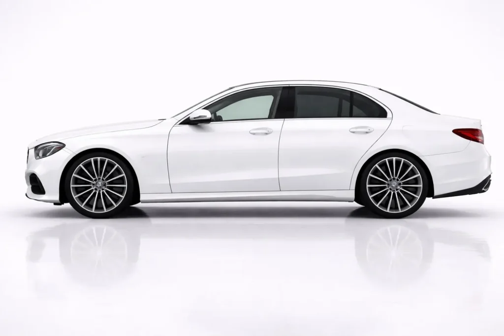 Mercedes-Benz E-Class side profile displaying elegant proportions and luxury sedan silhouette