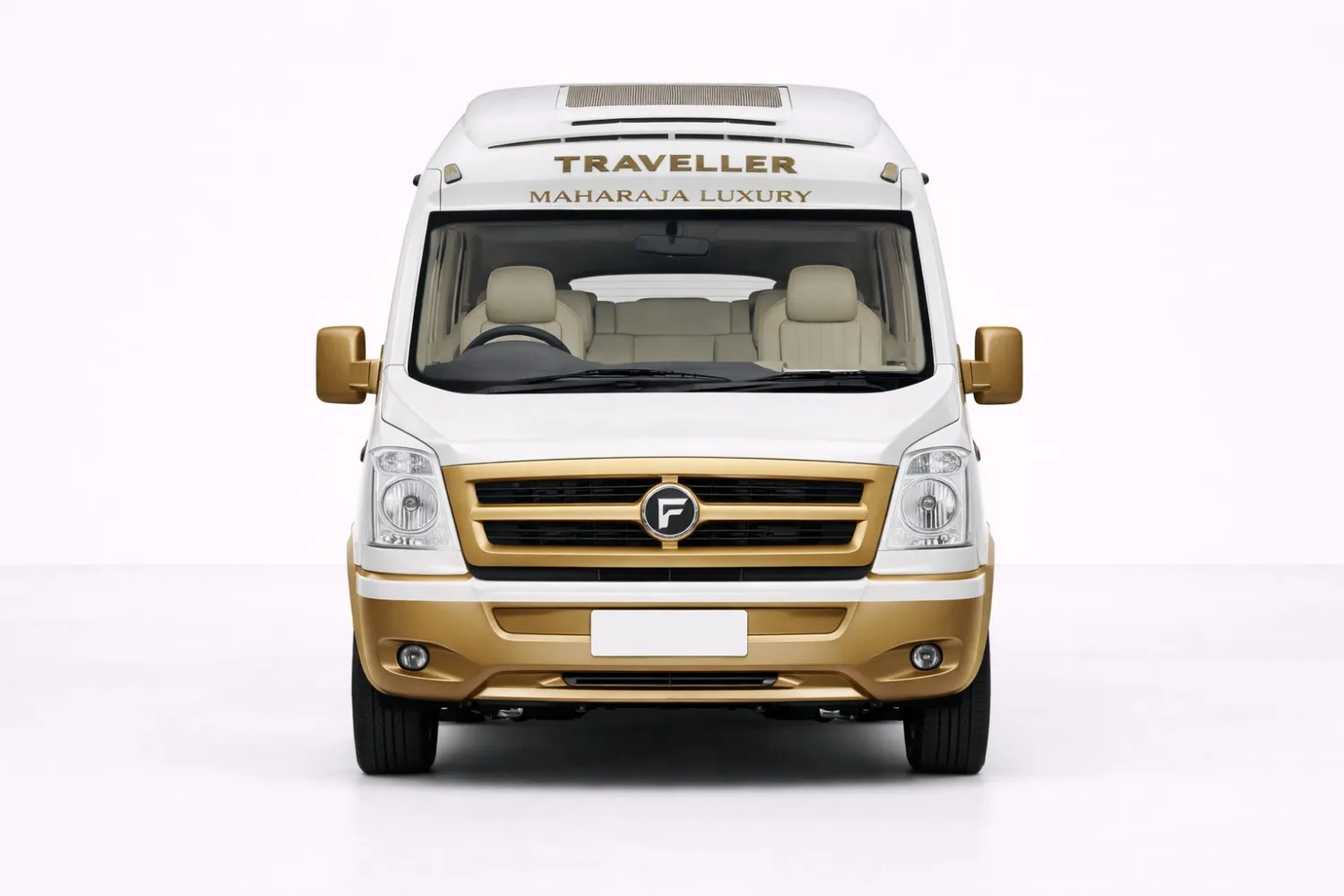 Tempo Traveller Luxury front view showing the front grille, headlights, and wide windshield.