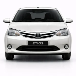 Toyota Etios front view showing compact grille, clear headlights, and sedan stance